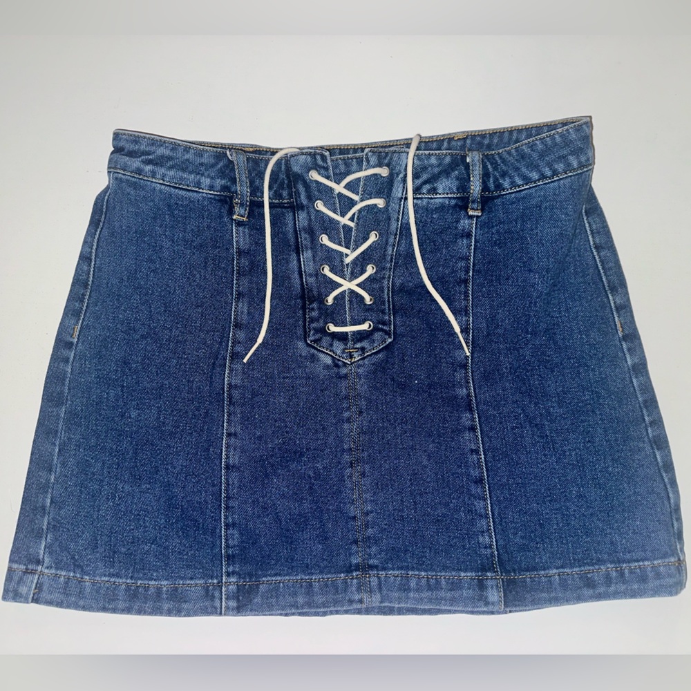 Mini blue denim skirt with lace up detail #miniskirt